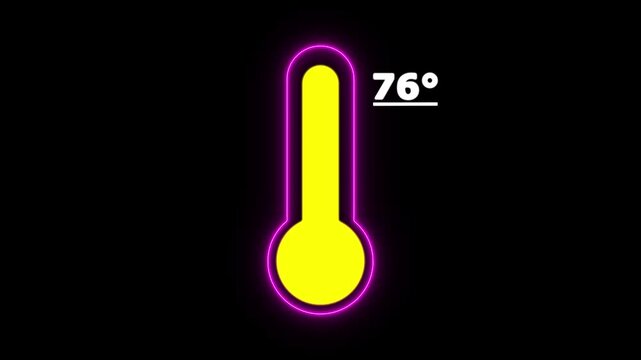 Neon Celsius thermometer displayed temperature 76 degree. Thermometer equipment showing hot or cold weather. 4K Video motion graphic animation.