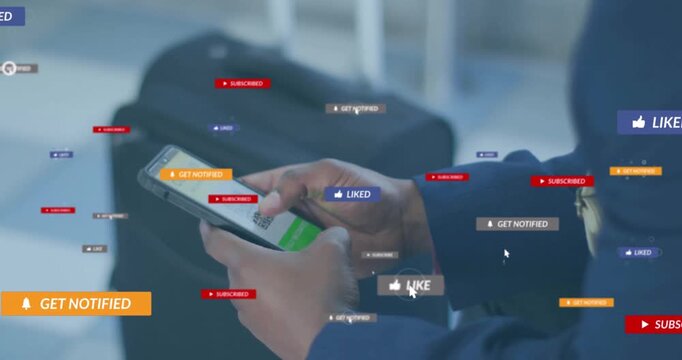 Man scanning QR code on phone in airport generating floating tech badges confirming subscription