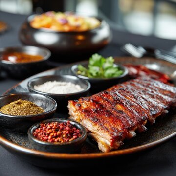 Roasted ribs with sides, seasonings, and a garnish, restaurant setting