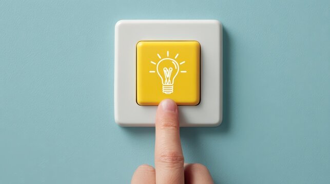 A person's finger gently activates a vibrant yellow lightbulb symbol button mounted on a light blue wall, representing the emergence of a new idea.
