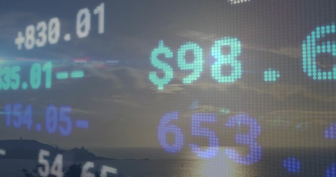 Coastal seascape at sunset initiating financial ticker overlay sliding and showing market changes
