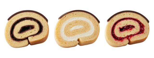 Fototapeta premium Three slices of cake rolls with chocolate, cream, and jam fillings
