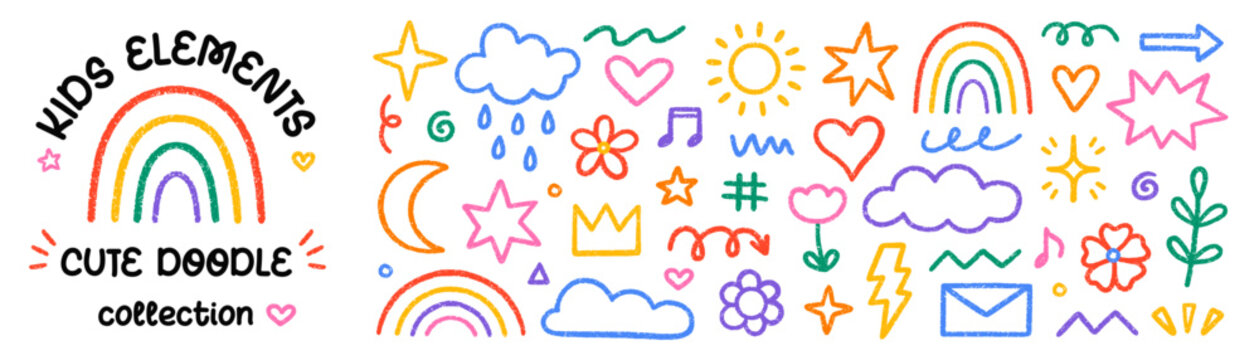 Crayon cute kids elements, chalk pencil preschool kindergarten doodle icons set. Hand drawn daycare and children drawings, childish scribble rainbow, stars, flower, crown in sketch style