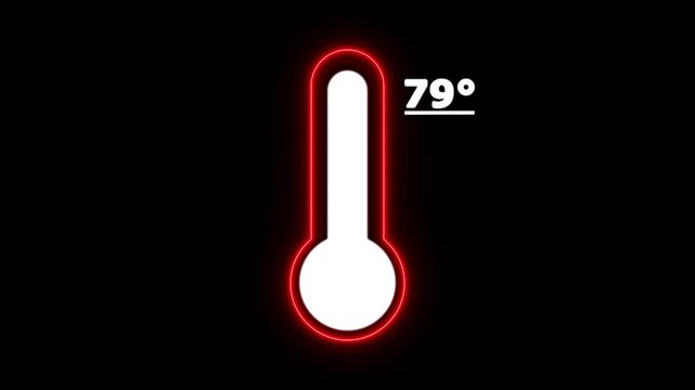 Neon Celsius thermometer displayed temperature 79 degree. Thermometer equipment showing hot or cold weather. 4K Video motion graphic animation.