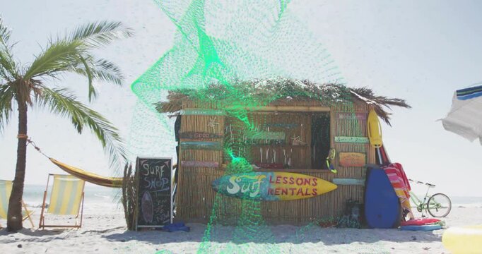 Green digital mesh emerging at bottom growing into twisting ribbons across surf shack showing waves