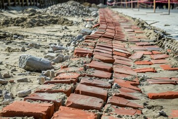 Red brick road construction site with paving materials sand stones and concrete pathway detail