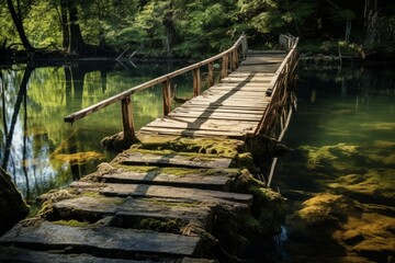 Obraz premium Rustic wooden bridge connecting lush forest shores over clear water with reflections