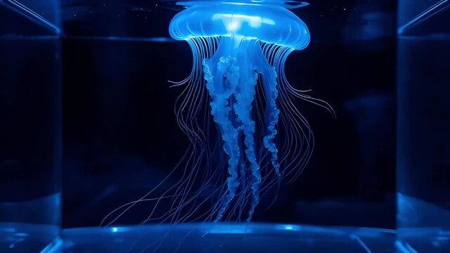 blue jellyfish robot swimming in dark ocean with bio inspired ai technology futuristic synthetic creature with glowing tentacles and translucent body for marine research and underwater robotics
