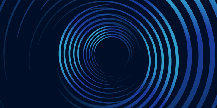 Abstract futuristic background with two spiral vortex patterns made of glowing concentric curved lines, dark navy blue background