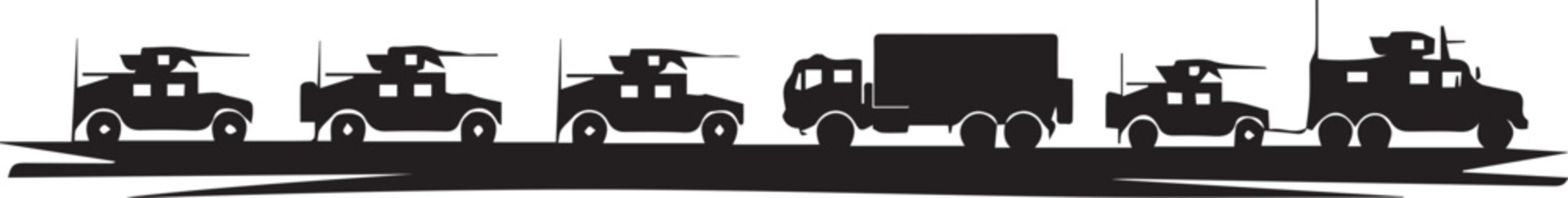 Military convoy vector illustration with armored vehicles and truck transport silhouettes