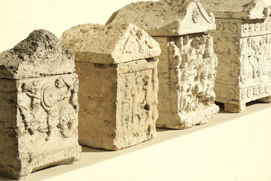 Travertine cinerary urns from the ancient Etruscan civilization. Umbria, Italy