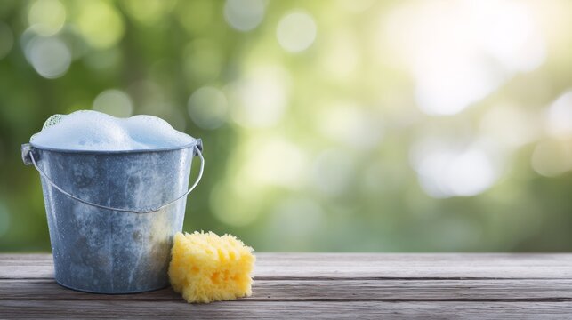 Bucket of soapy water sits on a wooden table