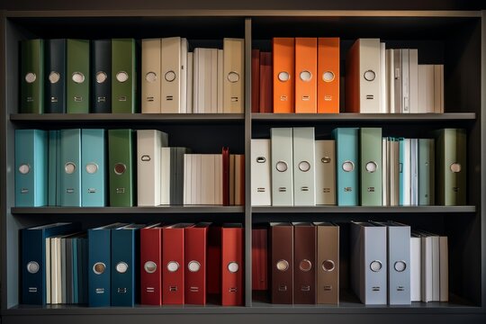 Many colorful ring binders and files neatly organized on a bookshelf
