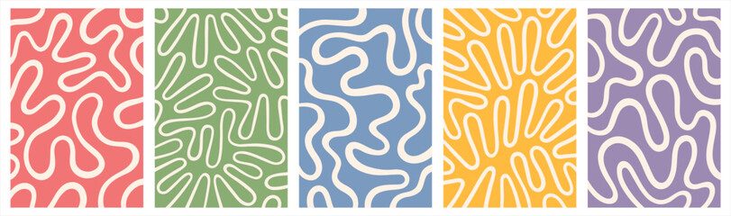 Obraz premium Twisted continuous lines curved wiggling stripes waves vector backgrounds set. Liquid retro groovy hippie patterns collection. Doodle uneven hand drawn wavy organic winding lines