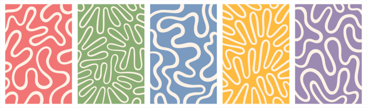 Twisted continuous lines curved wiggling stripes waves vector backgrounds set. Liquid retro groovy hippie patterns collection. Doodle uneven hand drawn wavy organic winding lines