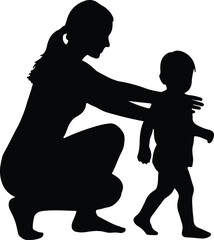 Vector mother helping her young child learn to walk silhouette design