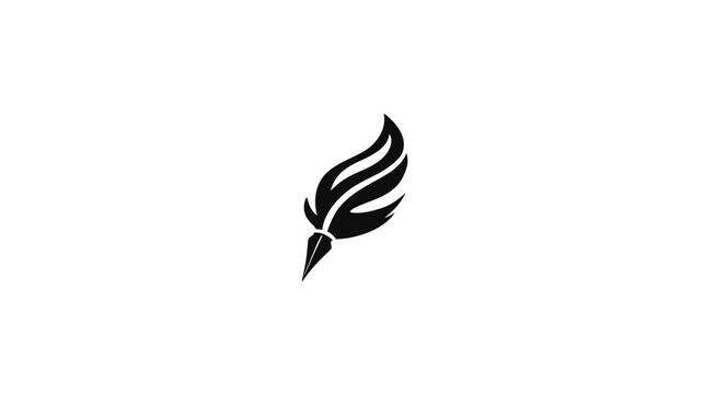 Stylized, black and white depiction of a feather pen with a flowing design