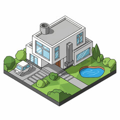 Modern two-story house with a swimming pool and a car in the driveway.