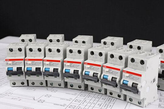 Circuit breakers from ABB to protect electrical loads from short-circuiting. Installed in the electrical control panel. 