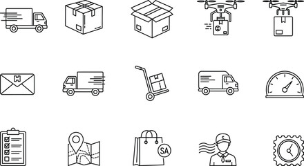 A comprehensive collection of outline icons illustrating various aspects of delivery, logistics, and shipping services, including trucks, packages, drones, and maps, on a white background.