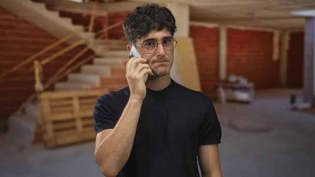 Man holding smartphone to ear in building construction site wearing glasses and black t shirt near wooden pallets and stairs; concern about call.