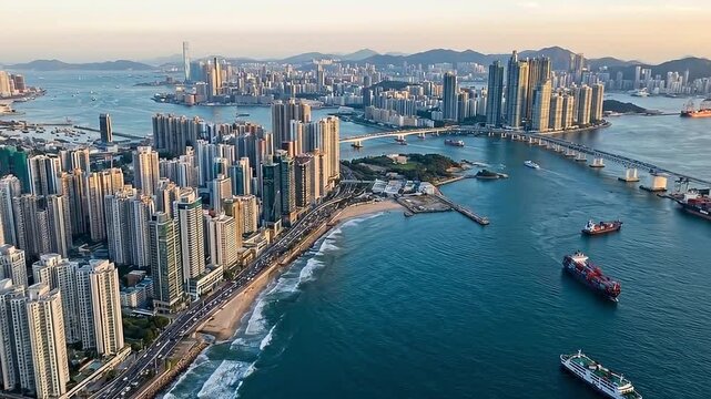Aerial view of Hong Kong cityscape with modern skyscrapers and harbor