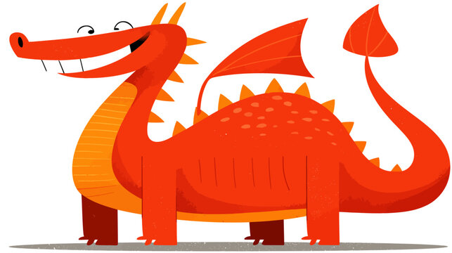 A friendly cartoon dragon with vibrant red and orange scales, a happy smile and stubby legs