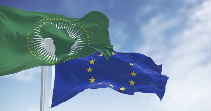 African Union and the European Union flags waving on a clear day