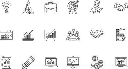 A classic lightbulb line art icon with a glowing filament, symbolizing a new idea, innovation, inspiration, or creative thought process in business and problem-solving. © Fezi