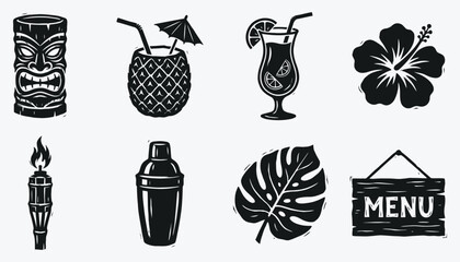 Tiki Bar Icons Set Black Silhouette Tropical Party Elements © 777SKYLABS