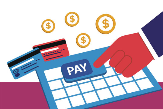 Hand pressing pay button on digital interface with vector illustration