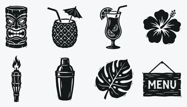 Tiki Bar Icons Set Black Silhouette Tropical Party Elements