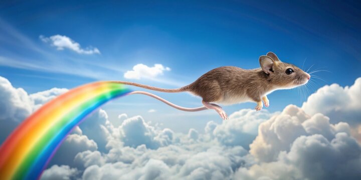 A Tiny Rodent Soaring Through a Vivid Sky, Its Tail a Rainbow's Arc
