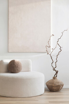 Modern scandinavian style interior with chair and trendy vase, Home staging and minimalism concept, Soft natural light, calm cozy atmosphere.