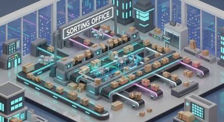 Futuristic sorting office with automated conveyor belts moving packages in a modern logistics hub