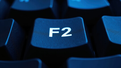 F2 key keyboard closeup black plastic technology illuminated blue light macro detail modern computer input device focus digital equipment