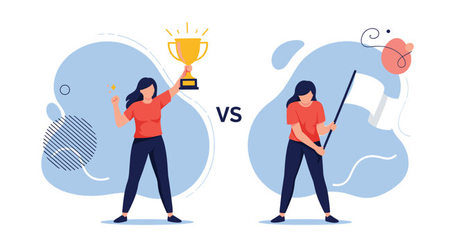 Comparison illustration shows a successful woman holding a trophy and a defeated woman holding a white flag, representing win versus loss.