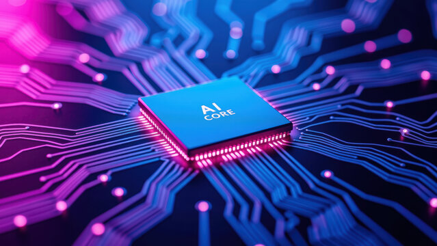 AI core microchip technology circuit futuristic blue pink glowing digital innovation high tech electronic data hardware