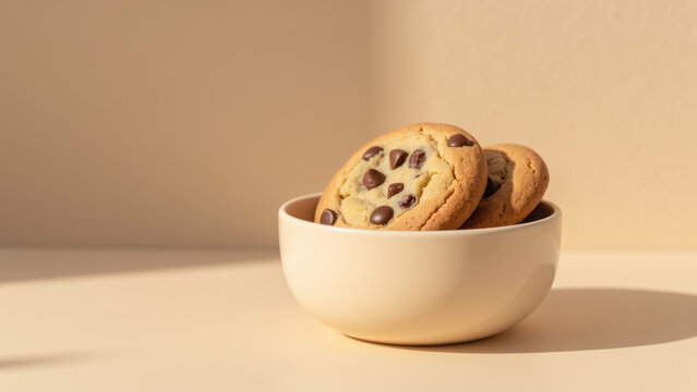 Chocolate chip cookie baked dessert sweet snack golden brown round shape ceramic bowl sunlight minimal style cozy delicious treat
