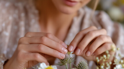 Fototapeta premium Close up of a florist hands carefully arranging small floral elements in a bouquet floristry workshop and handmade assembly