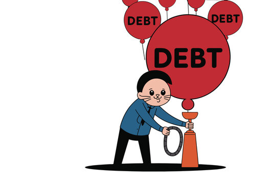Man trying to pop debt balloons with vector illustration