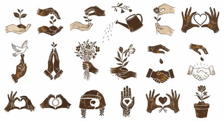 Fototapeta premium Set of vector illustrations of hands in various gestures representing care, growth, love, peace, and community support