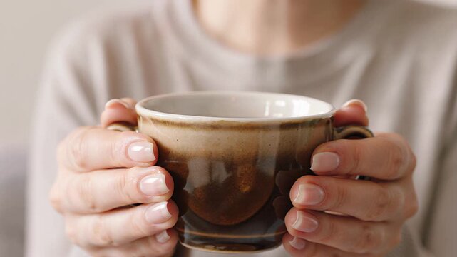 Close-up of woman hands holding a warm ceramic cup with steam rising