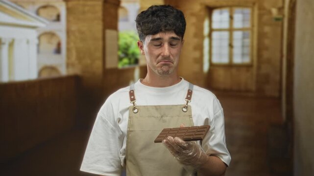 Man in apron and white t shirt holding chocolate bar with gloved hand in old town building corridor with pursed lips and doubtful gaze; uncertainty taste test.