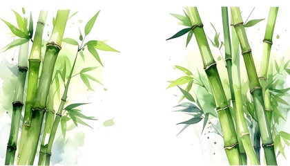 Obraz premium Watercolor Green Bamboo Stems and Leaves on White Background