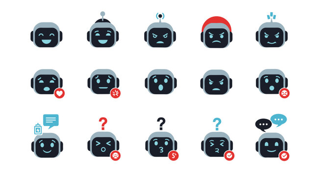 Large set of robot head emojis displays a wide range of emotions and functional status icons for digital communication and mobile app interfaces.