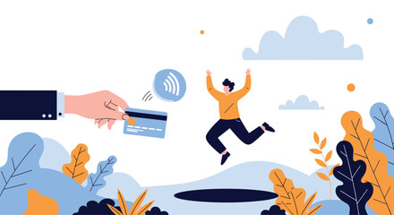 Fototapeta premium Joyful man jumps high in the air in a park setting as a hand extends a credit card, symbolizing financial freedom and easy digital payments.