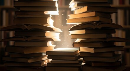 Magical light beams through stacks of open books, illuminating dust motes in a library.