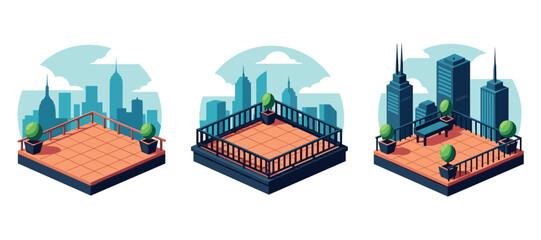 Fototapeta premium Rooftop terraces overlooking isometric city skyline scene