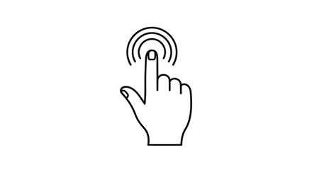 Obraz premium Minimalist black and white icon shows a hand with one finger extended touching a surface and creating concentric ripple lines for an interface.